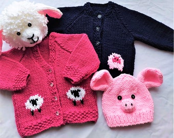 PDF Knitting Pattern Childs Sheep or Pig Motif Cardigan Jacket and Loopy Lamb Hat Baby Boys Girls Chunky Bulky 12 ply 18 - 28" 3mth - 8 yrs