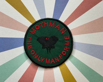 Embroidered Cryptid iron on patch: Mothman the only man for me.