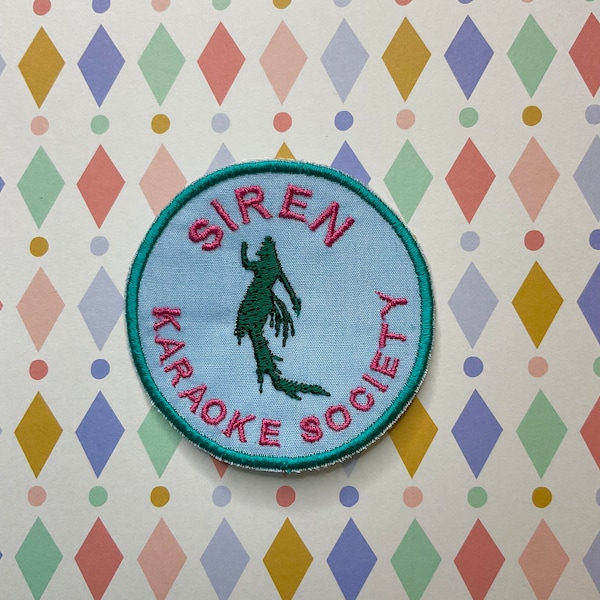 Embroidered cryptid iron on patch: Siren karaoke society.