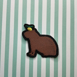 May include: A brown felt patch with a green leaf and yellow circle on top, shaped like a sitting animal with rounded ears.