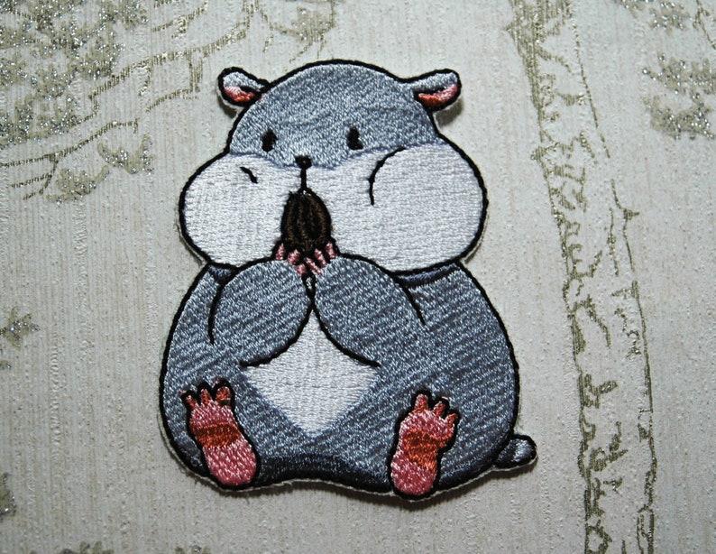 Tam the Tiny Hamster Seed eating embroidered iron on patch. image 1