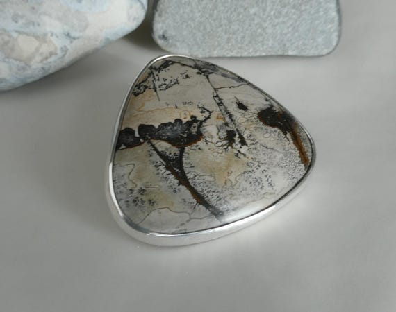 Handmade landscape jasper triangular cabochon and sterling silver brooch