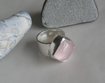 Handmade rose quartz cushion shaped cabochon sterling silver ring