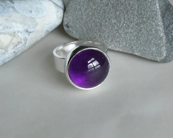 Handmade round cabochon amethyst and solid sterling silver ring