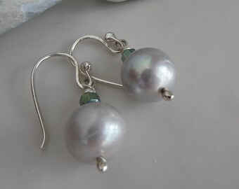 Handmade freshwater pearl and hematite sterling silver hook earrings