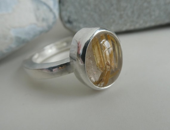 Handmade golden rutilated quartz and solid sterling silver ring