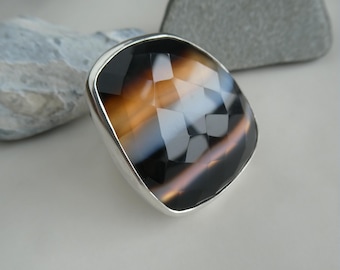 Handmade banded agate rose cut gem and sterling silver ring