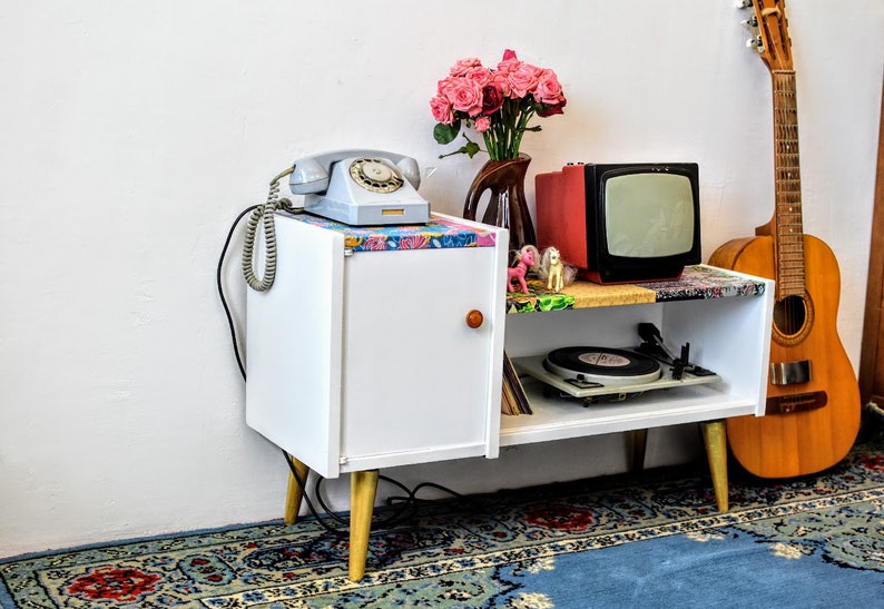 patchwork handmade Mid-Century Modern Media Console Record Cabinet vintage credenza 60s