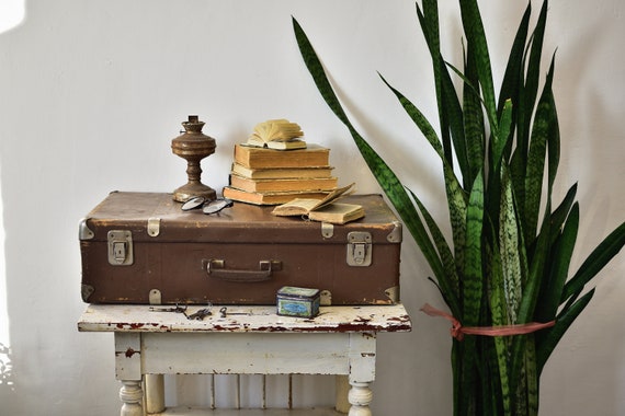 Antique suitcase distressed, 1930s suitcase, Brown