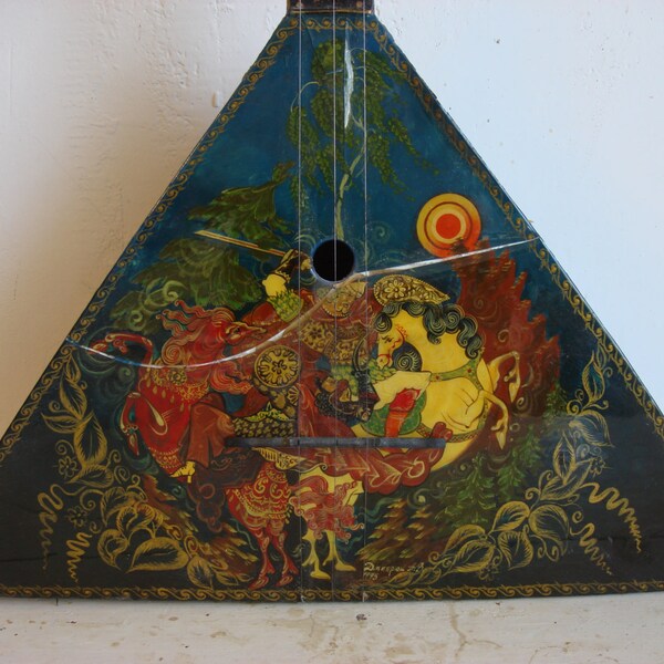Alte russische Balalaika, Prima Balalaika Fabrik, handgemalten Palech Geschichte, unbenutzt, Rare, sowjetische Vintage, 90er Jahre
