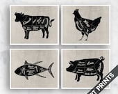 Beef, Chicken, Fish and Pork - Set of 4 - Art Prints (Featured in Black on Vintage Linen) Kitchen Prints