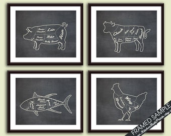 Kitchen Prints Art Prints Butcher Diagram Series Chicken - Set of 4 Beef Featured in Assorted Colors Pork and Tuna