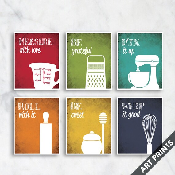 Funny Kitchen Art Print Set measuring Cup, Grater, Mixer, Rolling Pin,  Honey and Whisk Set of 6 Art Prints featured on Assorted Colors 