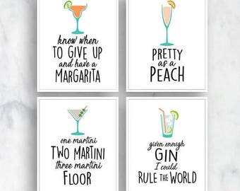 Margarita, Peach, Martini, Gin (Top Shelf Humor) Set of 4 Art Prints (Featured on White) Alcohol Bar Art Print