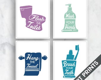 Bath Rules - Set of 4 - Art Print (Featured in Colors Wisteria, Sea Foam, Monaco and Ocean ) Bath and Washroom Prints