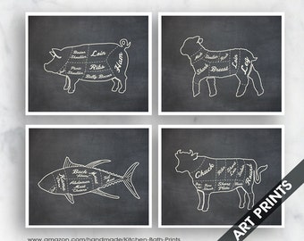 Lamb, Pork, Fish, Beef (Butcher Diagram Outline Series C) - Set of 4 - Art Prints (Featured Vintage Chalkboard) Kitchen Prints