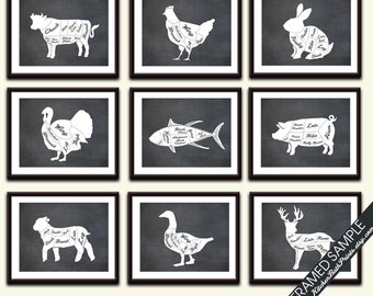 Butcher Diagram Series Collection (Series B) - Set of 9 - Art Prints (Featured Vintage Chalkboard) Kitchen Prints