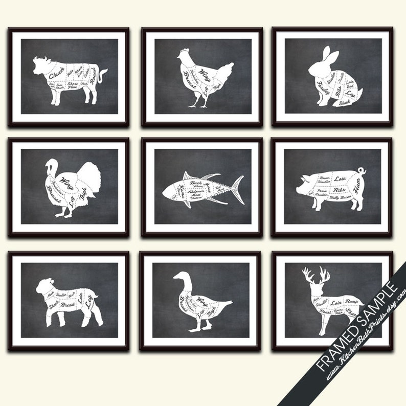 Butcher Diagram Series Collection Series B Set of 9 Art Prints Featured Vintage Chalkboard Kitchen Prints zdjęcie 1