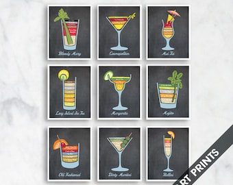 Cocktails Recipe Diagram - Set of 9 Unframed Art Prints (Featured on Vintage Chalkboard) Alcohol Bartender Posters