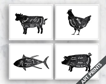 Beef, Chicken, Fish, Pork (Butcher Diagram Series) - Set of 4 - Art Prints (Featured in Vintage Chalkboard and White) Kitchen Prints