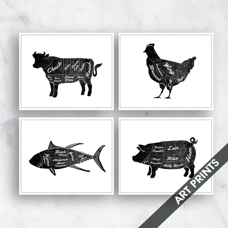 Beef Chicken Fish Pork butcher Diagram Series Set of 4 Etsy