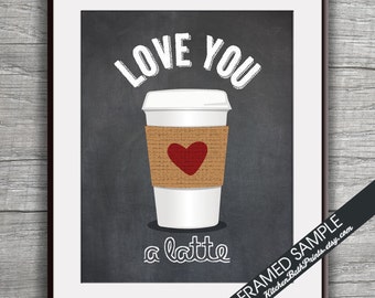 LOVE You a LATTE - Art Print (Featured in VIntage Chalkboard) Funny Kitchen Art Prints / Love Coffee Art