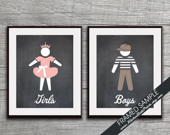 Boys and Girls Bathroom Sign Prints - Set of 2 - Art Prints (Featured in Pink Rose and Truffle Brown onVintage Chalkboard) Kids Bath Art