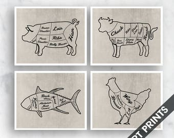 Pork, Beef, Fish and Chicken (Butcher Diagram Outline Series C2) - Set of 4 - Art Prints (Featured Vintage Linen with Black) Kitchen Prints