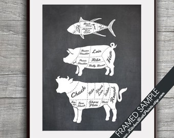 Beef, Pork, and Tuna Fish Stacked (Butcher Diagram Series) - Art Print (Featured in Vintage Chalkboard and White) Kitchen Prints