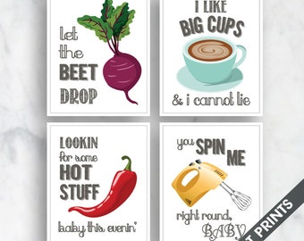 Beet Drop, Big Cups, Hot Stuff, Spin Me (Funny Kitchen Song Series) Set of 4 Unframed Kitchen Art Prints (Featured color 30)