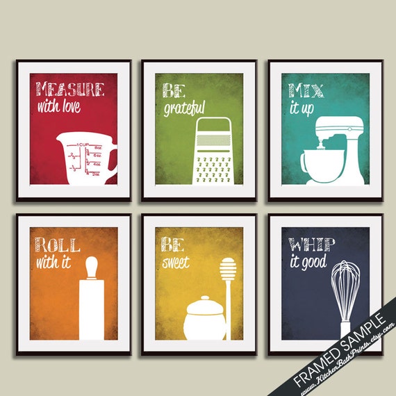 Funny Kitchen Art Print Set measuring Cup, Grater, Mixer, Rolling