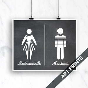 Mademoiselle and Monsieur- Art Print (Featured in Vintage Chalkboard) Unisex Bathroom Sign Art