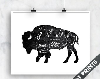 Bison (Butcher Diagram Series) - Art Print (Featured in Vintage Chalkboard and White) Kitchen Wall Art