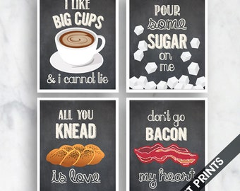 Big Cups, Sugar, Knead Love, Bacon my Heart (Funny Lyrical Song) Set of 4 - Unframed Kitchen Art Prints (Featured in Vintage Chalkboard)