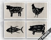Beef, Chicken, Fish and Pork - Set of 4 - Art Prints (Featured in Black on Vintage Linen) Kitchen Prints