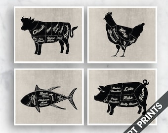 Butcher Prints Set of 4 Unframed Art Prints Vintage Meat Diagram Chart Illustrations Cuts of Meat Beef Chicken Pork Fish Kitchen Wall Art