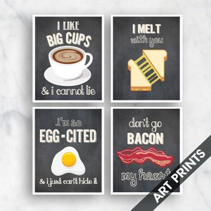 Big Cups, I Melt, Egg-Cited, Bacon (Funny Kitchen Song Series) Set of 4 Art Prints (Featured in Vintage Chalkboard) Kitchen Art