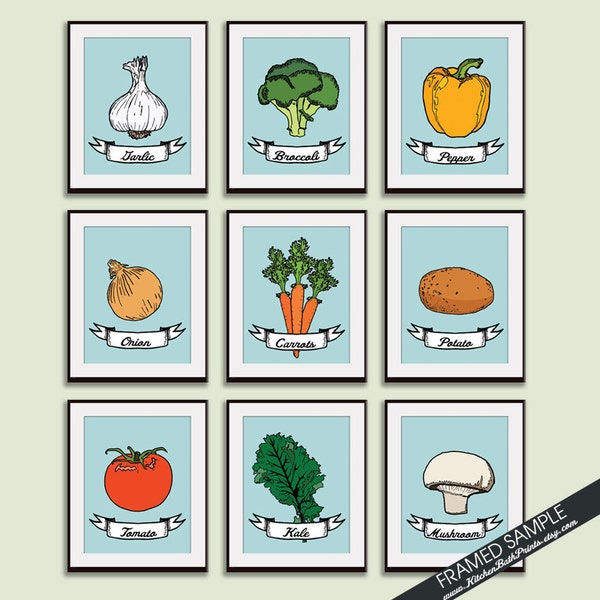 Kitchen Vegetable Art (Series A) - Set of 9 - 8x10 Art Prints (Featured in Happy Blue) Customizable Kitchen Prints