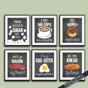 Sugar, Big Cups, Donut, Bacon, Egg, Knead (Funny Kitchen Song Series) Set 6 Art Prints (Featured in Vintage Chalkboard) Kitchen Art