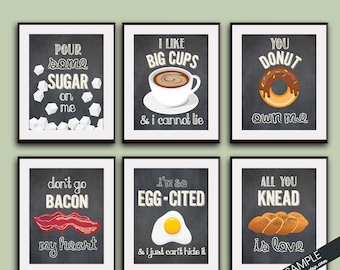 Sugar, Big Cups, Donut, Bacon, Egg, Knead (Funny Kitchen Song Series) Set 6 Art Prints (Featured in Vintage Chalkboard) Kitchen Art