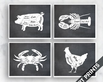 Pig, Lobster, Crab, Chicken (Butcher Diagram Series B) - Set of 4 - Art Prints (Featured Vintage Chalkboard) Kitchen Prints