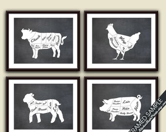 Beef, Chicken, Lamb and Pork (Butcher Diagram Series B) - Set of 4 - Art Prints (Featured Vintage Chalkboard) Kitchen Prints