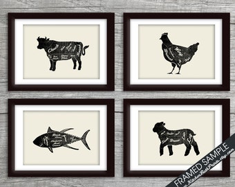 Beef, Chicken, Fish and Lamb (Butcher Diagram Series) - Set of 4 - Art Print (Featured Vintage Chalkboard with Cream) Kitchen Prints