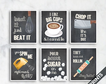 Beat it, Big Cups, Chop it, Spin Me, Sugar, Roll  (Funny Kitchen Song Series) Set 6 Art Prints (Featured in Vintage Chalkboard) Kitchen Art