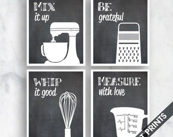 Funny Kitchen Art Print Set (Mixer, Grater, Whisk, Measuring Cup) Set of 4 - Art Prints (Featured on Blackboard)