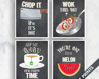 Chop it, Wok, Sip Time, Melon (Funny Kitchen Song Series) Set of 4 Art Prints (Featured in Vintage Chalkboard) Kitchen Art