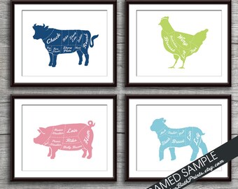 Beef, Chicken, Pork and Lamb (Butcher Diagram Series) - Set of 4 - Art Prints (Featured in Assorted Colors) Kitchen Prints