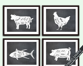 Beef, Chicken, Tuna Fish and Pork (Butcher Diagram Series B) - Set of 4 - Art Prints (Featured Vintage Chalkboard) Kitchen Prints