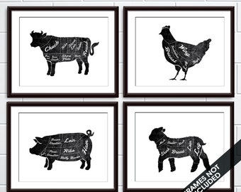 Beef, Chicken, Lamb and Pork (Butcher Diagram Series) - Set of 4 - Art Prints (Featured in Vintage Chalkboard and White) Kitchen Prints