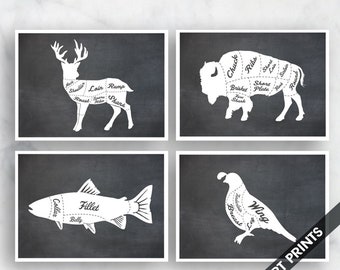 Deer, Buffalo, King Salmon, Quail (Butcher Diagram Series B) - Set of 4 - Art Prints (Featured Vintage Chalkboard) Kitchen Prints